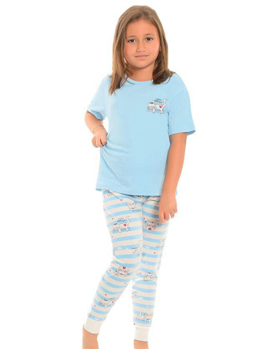 Mavi Pamuklu Kısa Kollu Desenli Paça Bantlı Kız Çocuk Pijama Takım