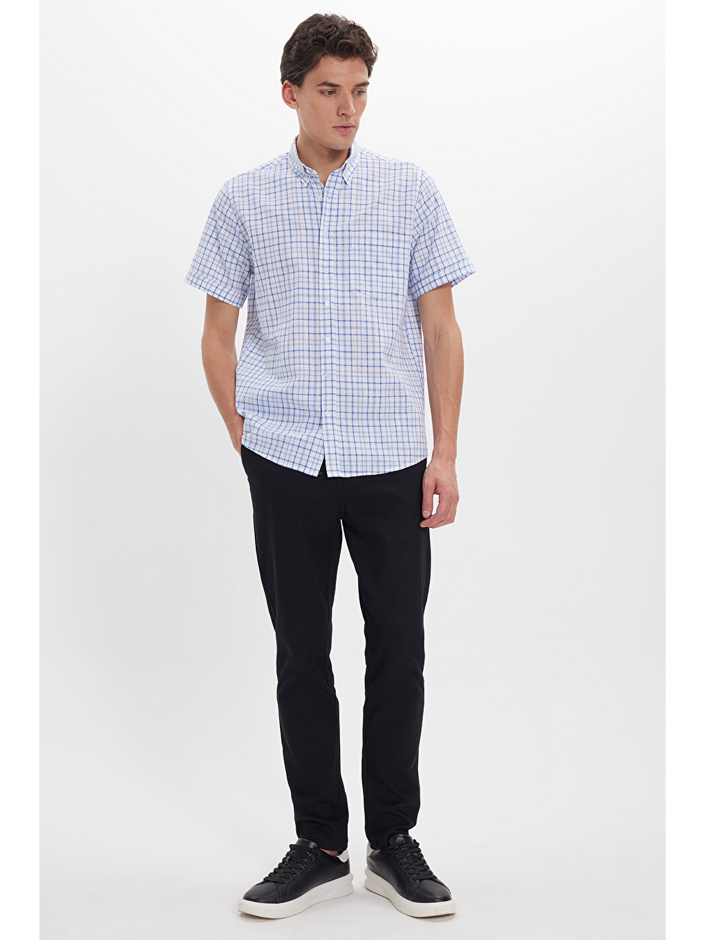 Karışık Erkek Regular Fit Klasik Kesim Oversize %100 Pamuk Keten Doku Tek Cep Kareli Düğmeli Yaka Gömlek-1