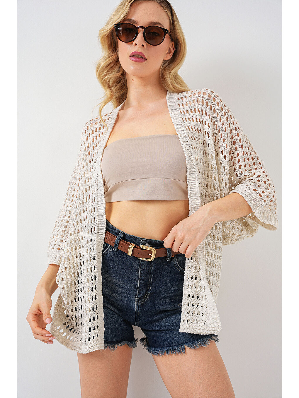 Bej 15855 Ajurlu/Delikli Oversize Hırka - Taş