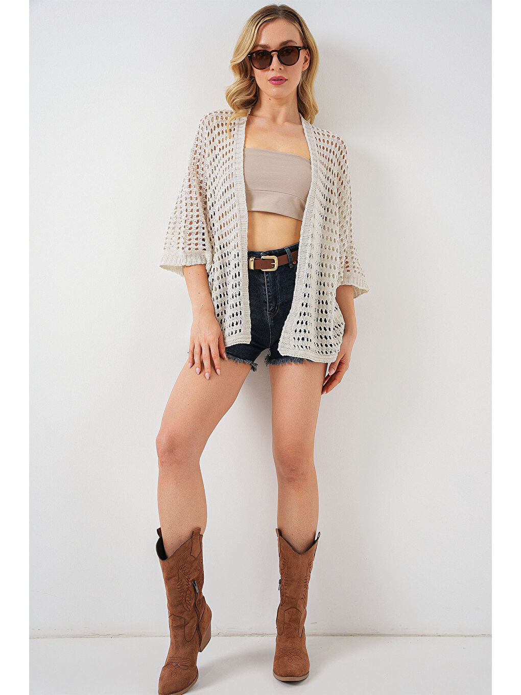 Bej 15855 Ajurlu/Delikli Oversize Hırka - Taş-1