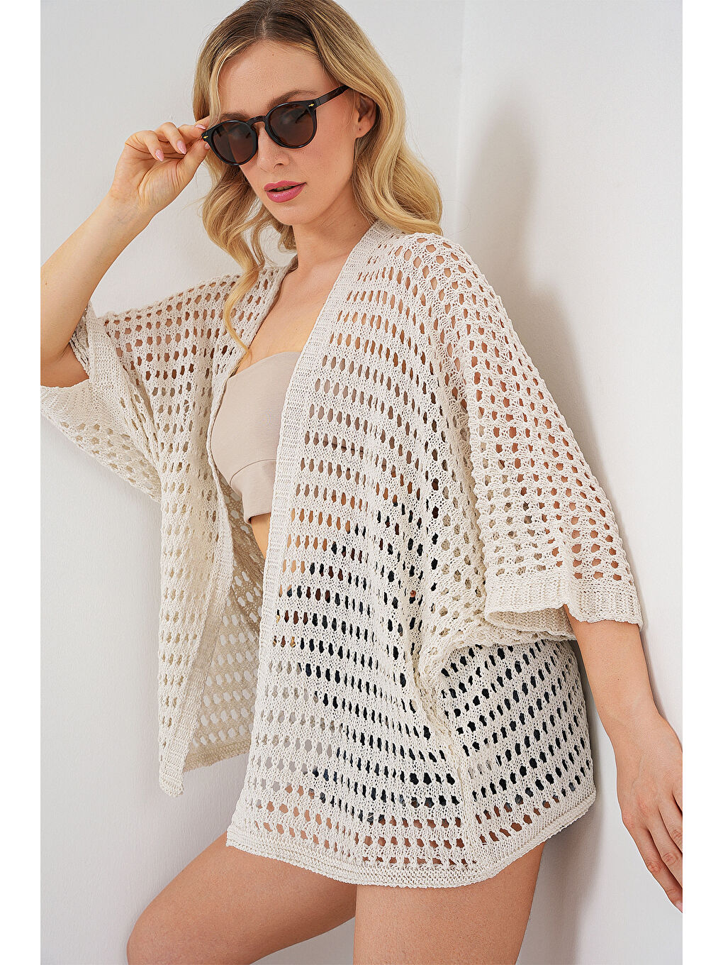 Bej 15855 Ajurlu/Delikli Oversize Hırka - Taş-2