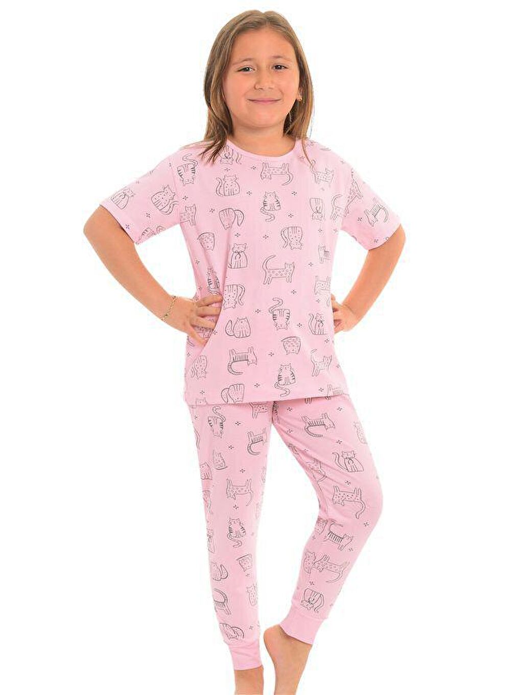 Pembe Pamuklu Kısa Kollu Desenli Paça Bantlı Kız Çocuk Pijama Takım