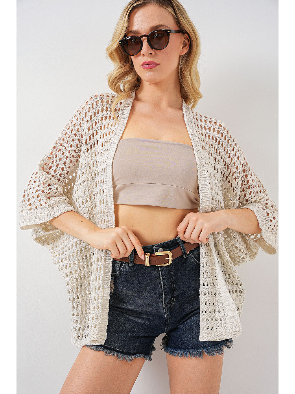 Bej 15855 Ajurlu/Delikli Oversize Hırka - Taş-3