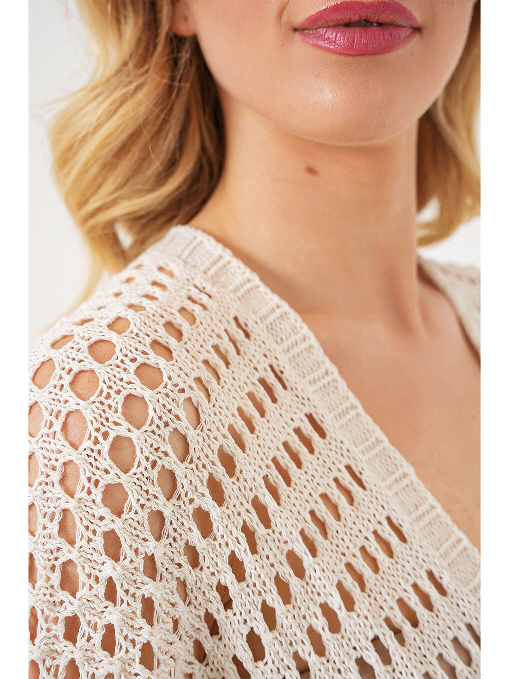 Bej 15855 Ajurlu/Delikli Oversize Hırka - Taş-4