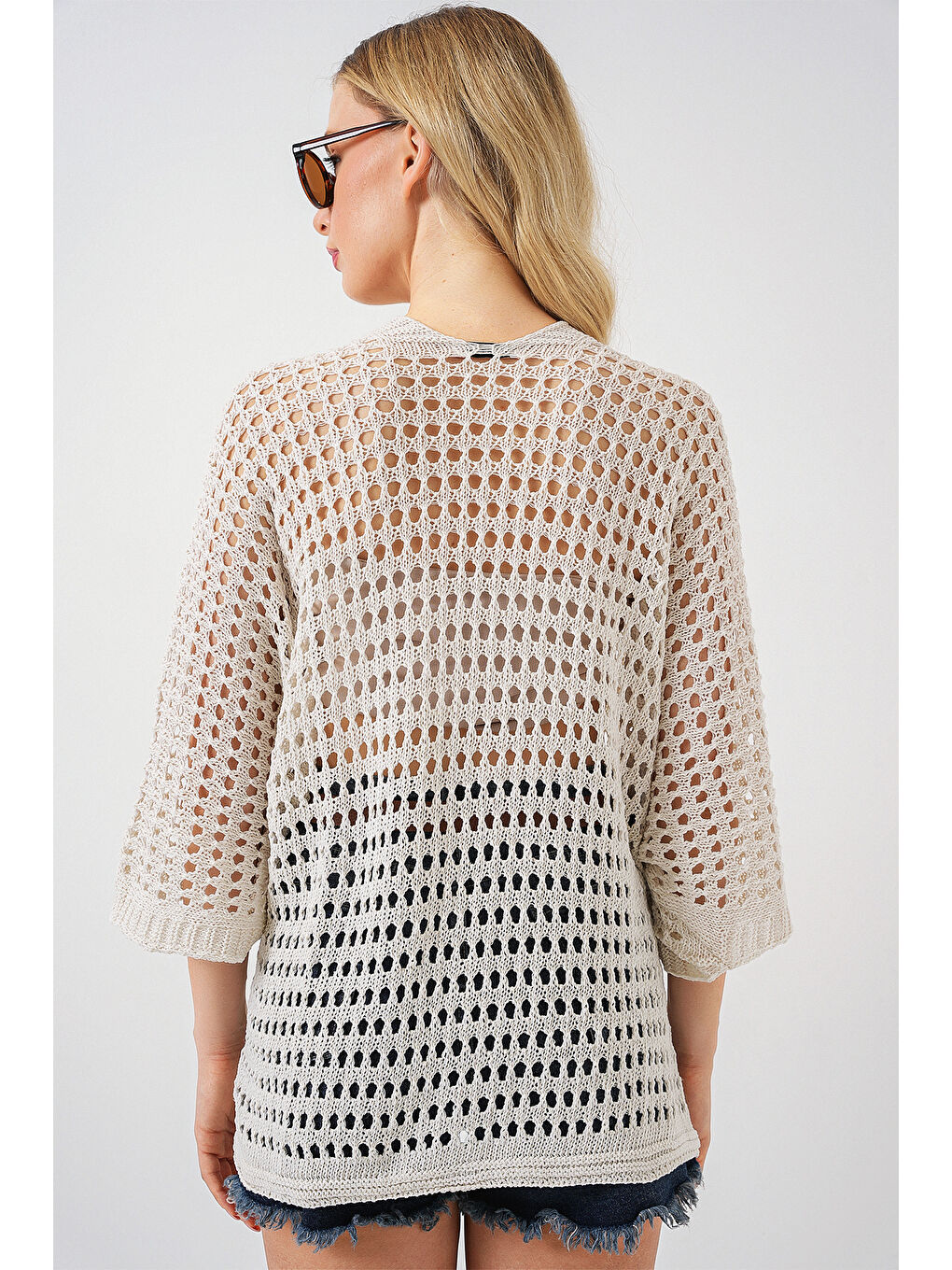 Bej 15855 Ajurlu/Delikli Oversize Hırka - Taş-5