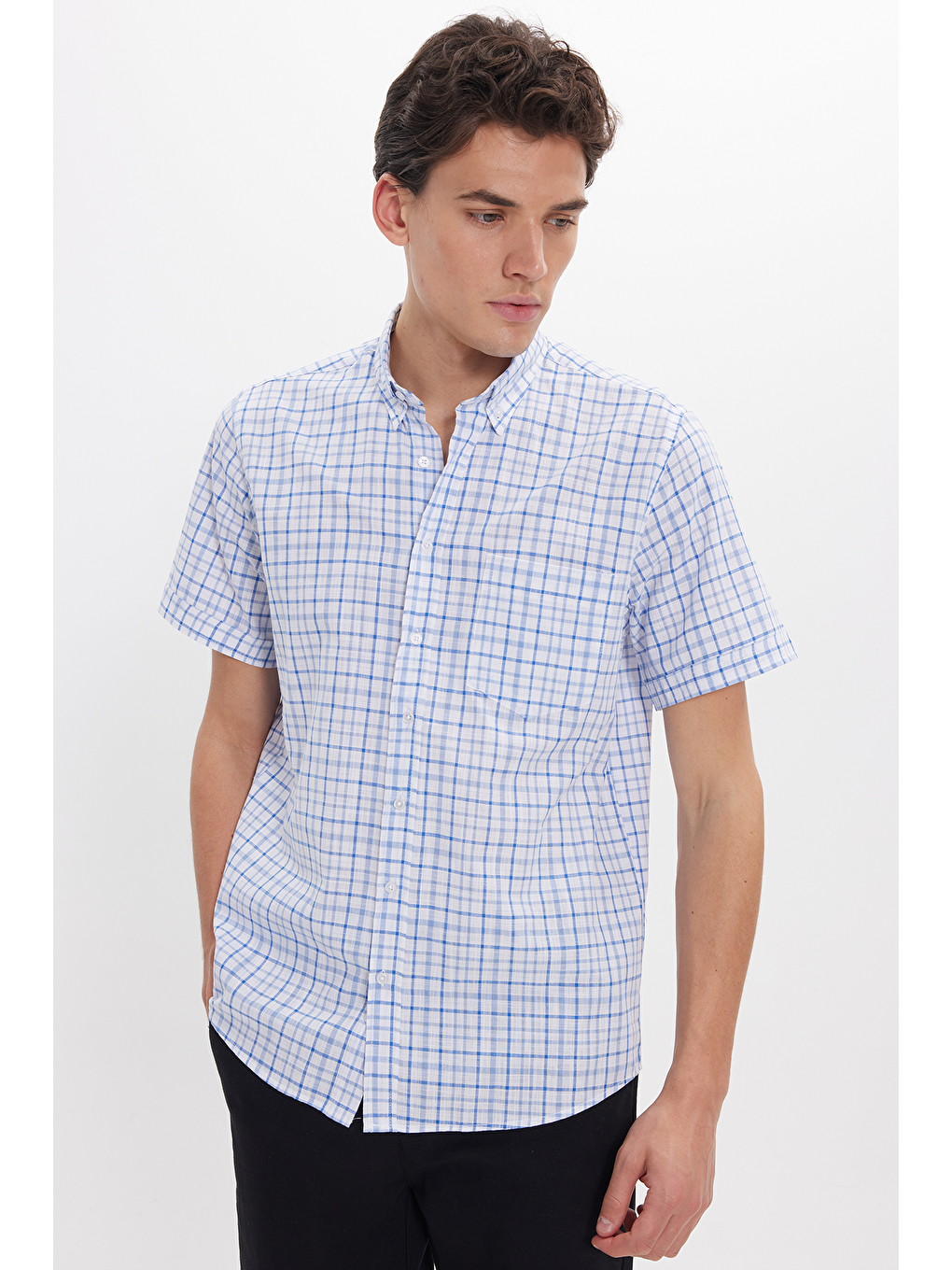 Karışık Erkek Regular Fit Klasik Kesim Oversize %100 Pamuk Keten Doku Tek Cep Kareli Düğmeli Yaka Gömlek-6