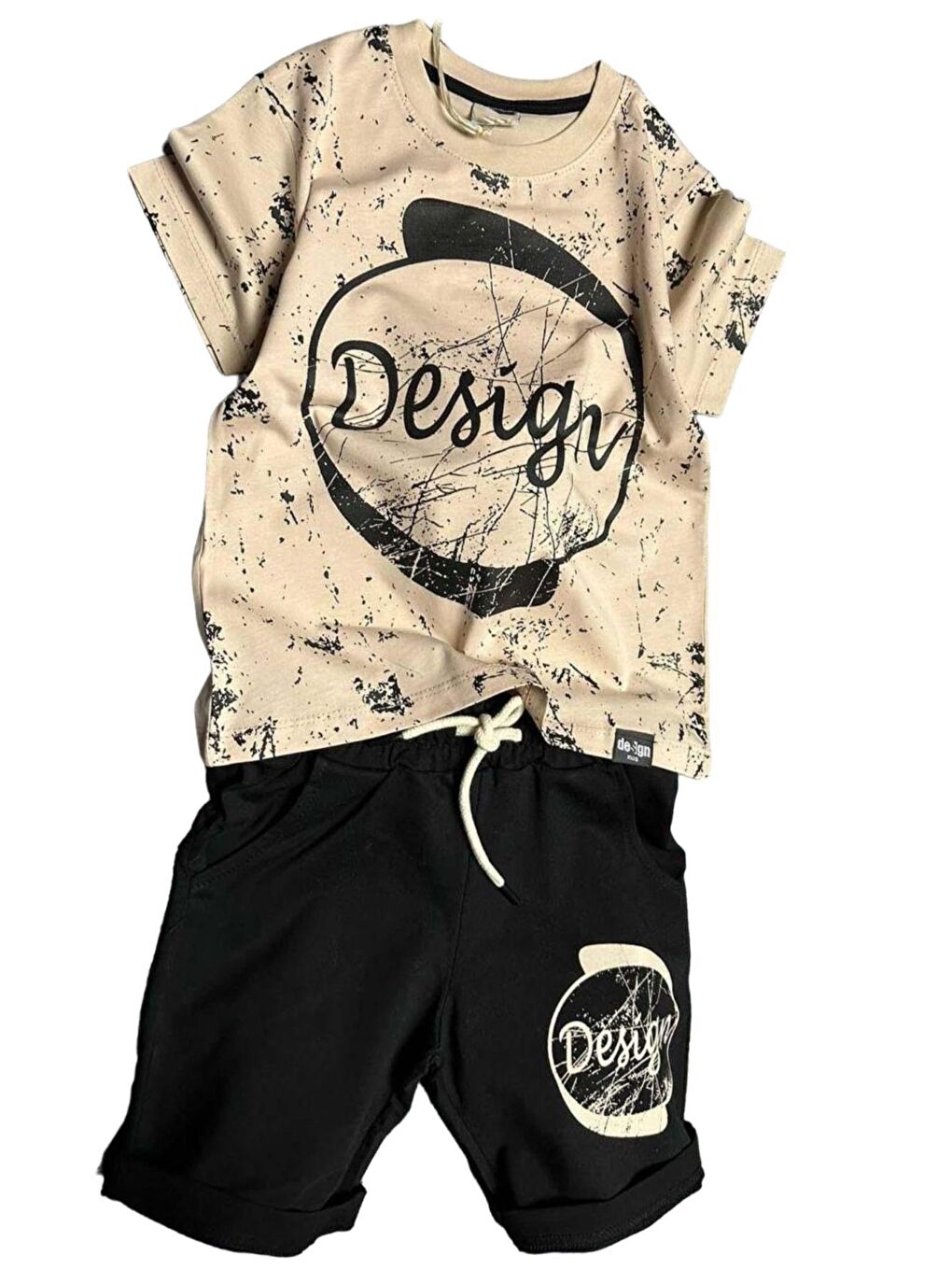 Erkek Çocuk Daire ve Design Baskılı Kısa Kol Siyah Şortlu Takım