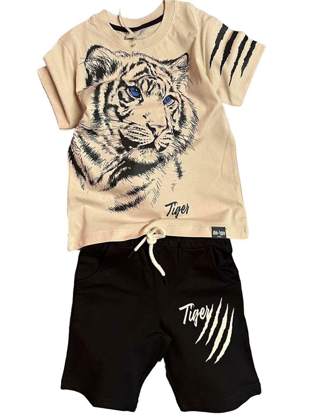 Ekru Erkek Çocuk Tiger Baskılı Krem Tişört Şortlu Takım