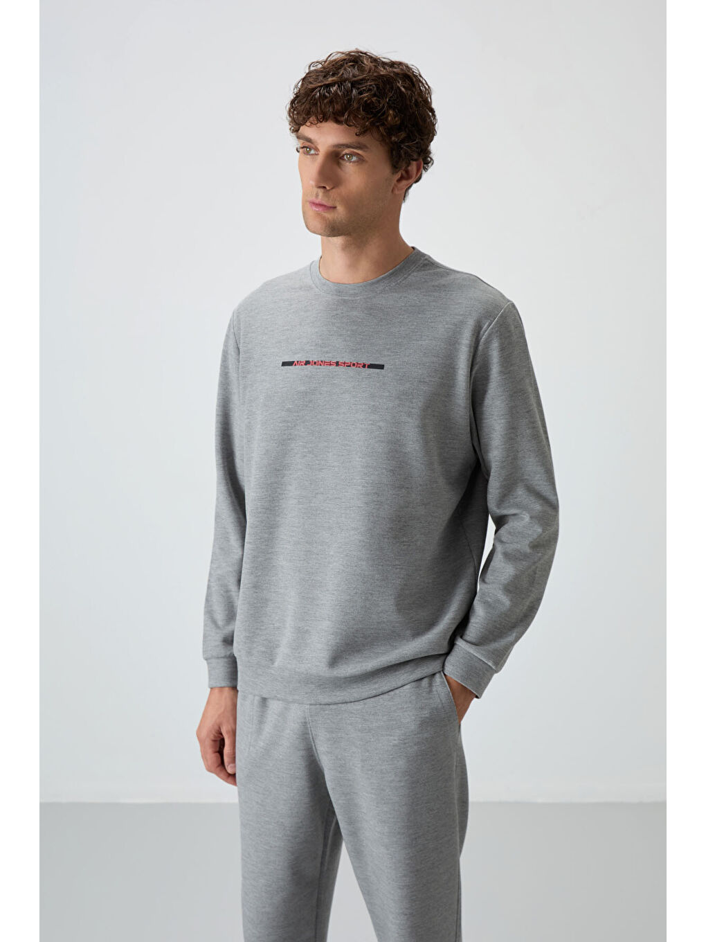 Gri Melanj Pamuklu Kalın Yumuşak Dokulu Comfort Fit Baskılı Erkek Eşofman Takım - 85239-2