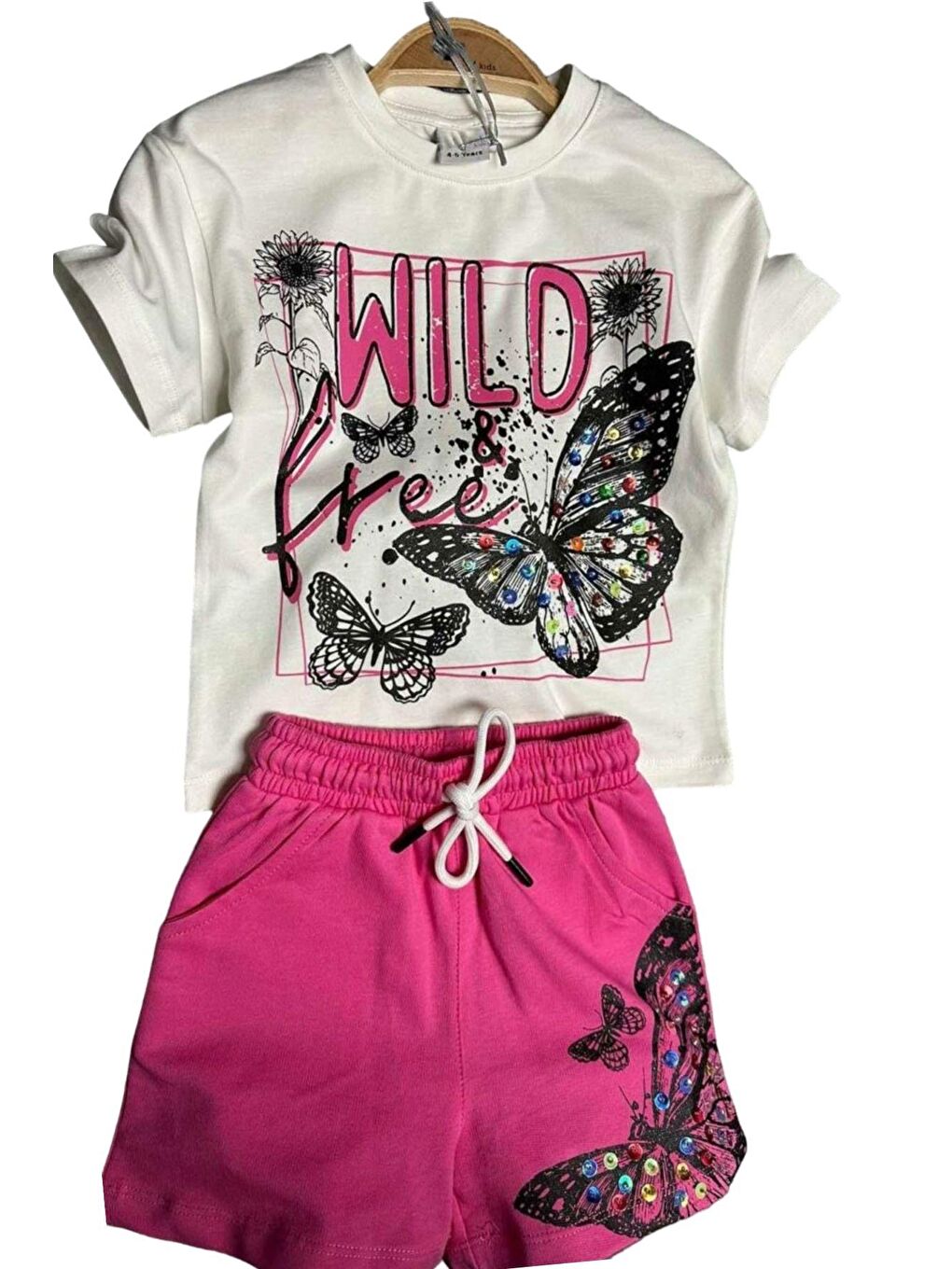 Kız Çocuk Kelebek ve Yazı Baskılı Penye Pembe Şortlu Takım