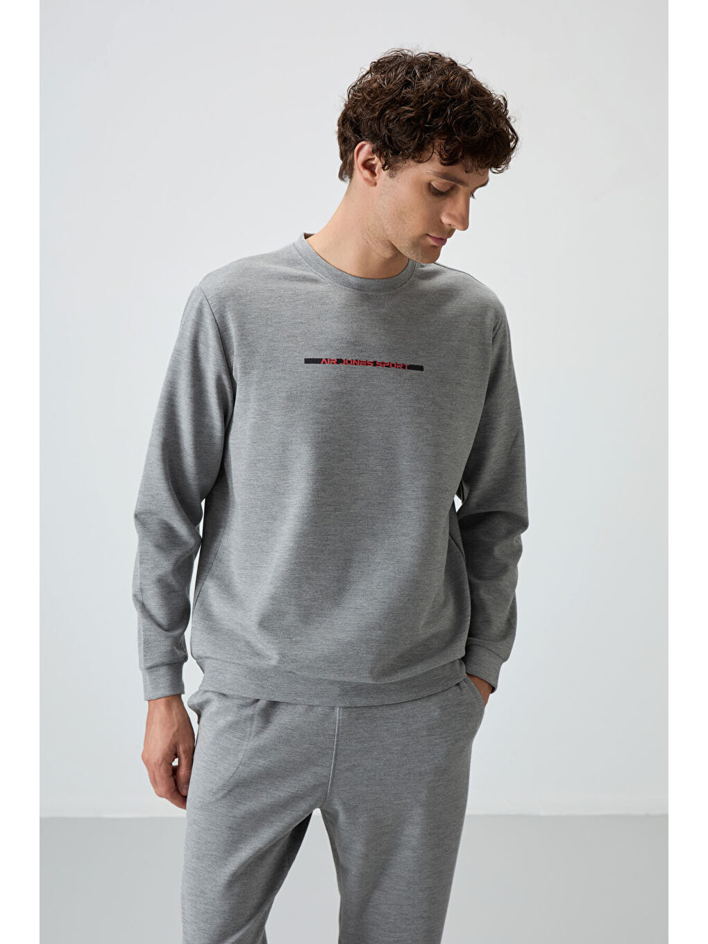 Gri Melanj Pamuklu Kalın Yumuşak Dokulu Comfort Fit Baskılı Erkek Eşofman Takım - 85239-4