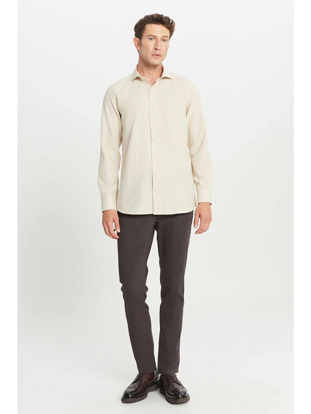 Erkek Bej Tailored Slim Fit Dar Kesim Küçük İtalyan Yaka Armürlü Oxford Gömlek-5