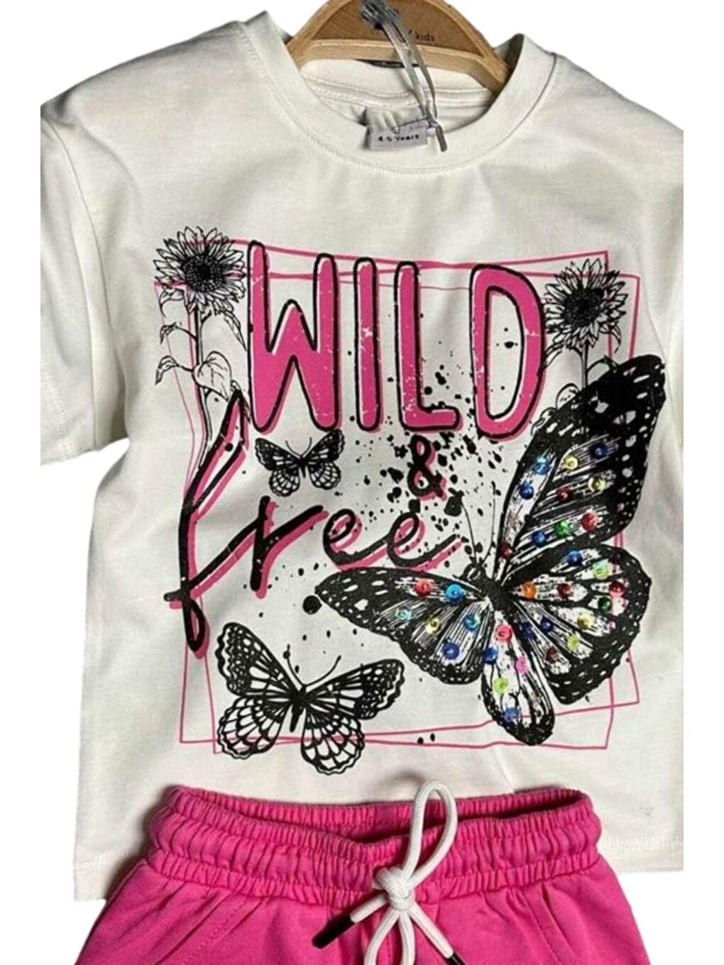 Kız Çocuk Kelebek ve Yazı Baskılı Penye Pembe Şortlu Takım-1