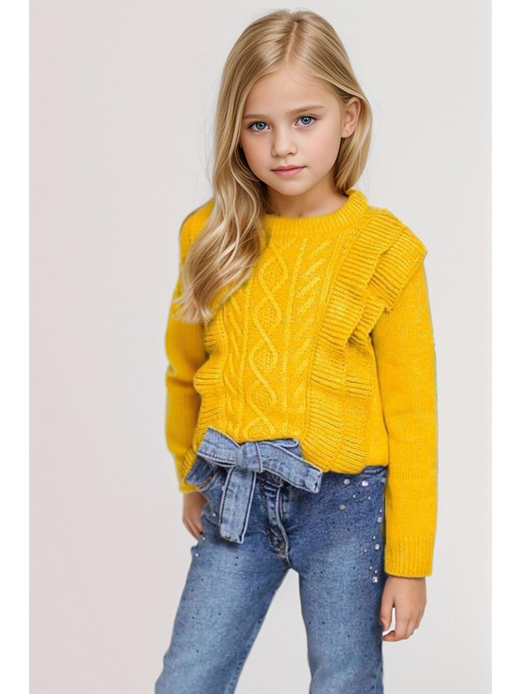 Kız Çocuk Fırfır ve Saç Örgü Detaylı Triko Bluz ve Jeans Pantolon Sarı ALt Üst takım