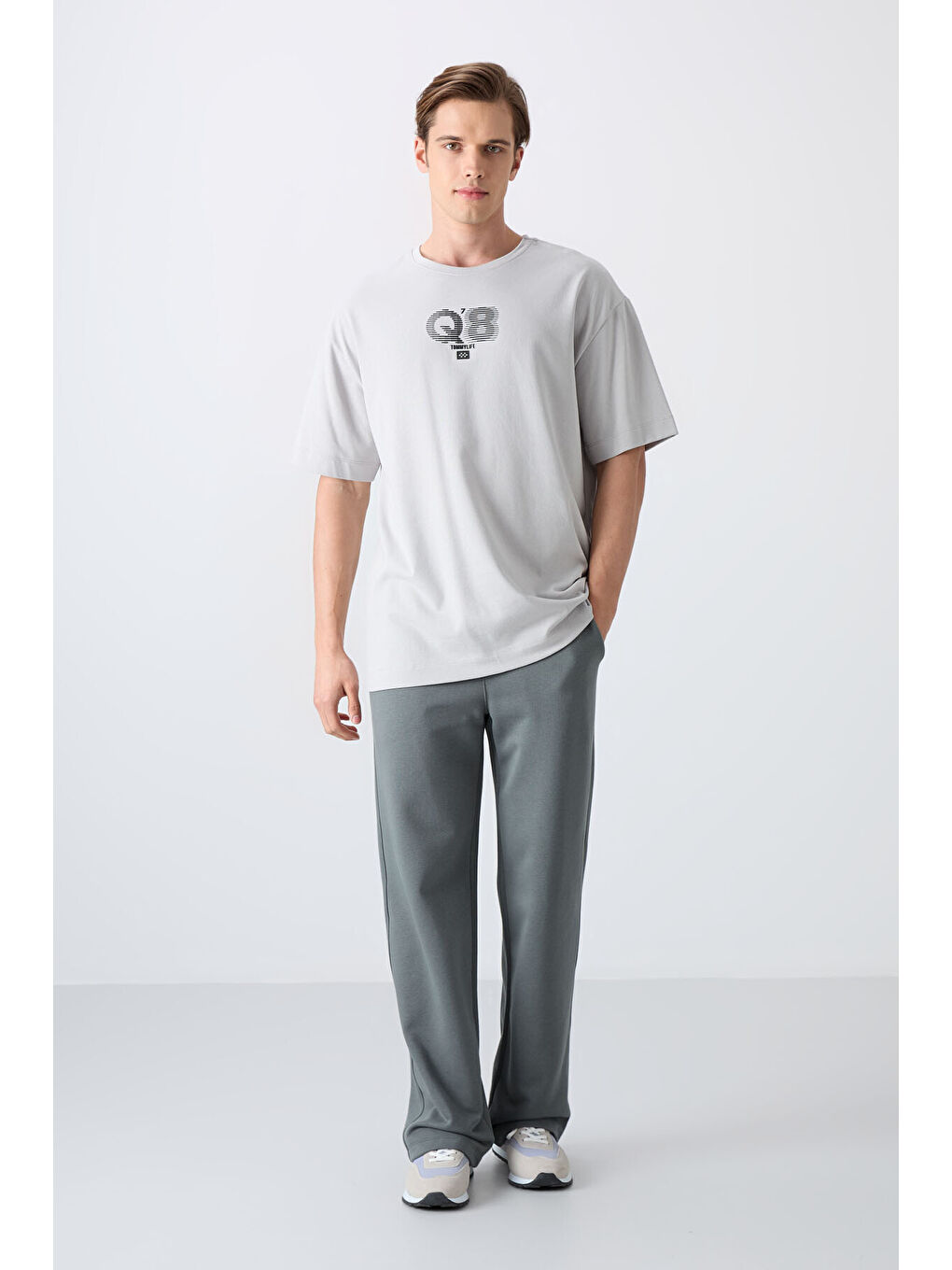 Bej Taş Pamuklu Kalın Yumuşak Dokulu Oversize Fit Baskılı Erkek Tişört - 88333-1