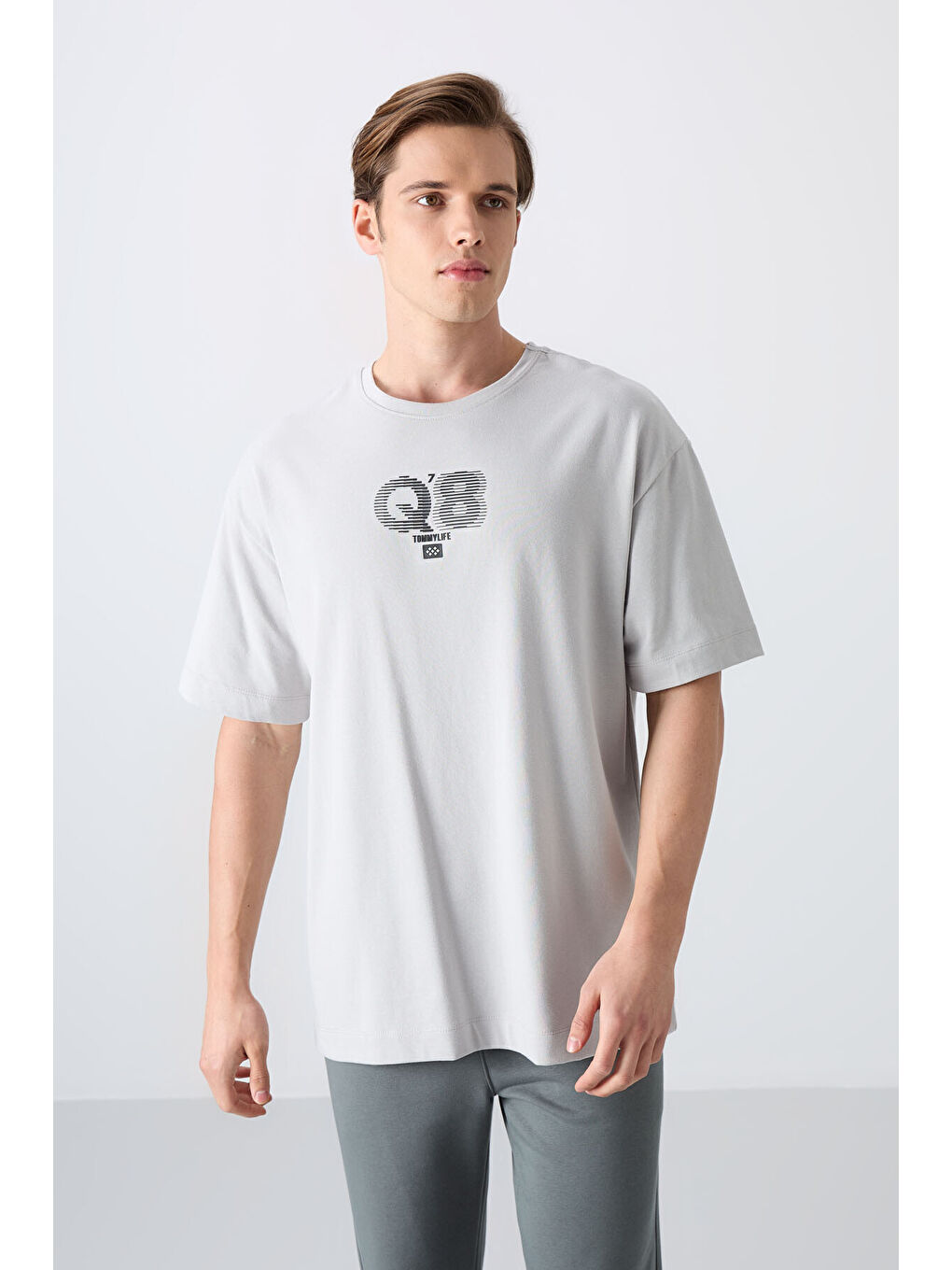 Bej Taş Pamuklu Kalın Yumuşak Dokulu Oversize Fit Baskılı Erkek Tişört - 88333-3