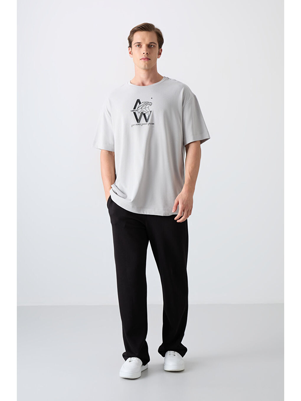 Bej Taş Pamuklu Kalın Yumuşak Dokulu Oversize Fit Baskılı Erkek Tişört - 88332-1