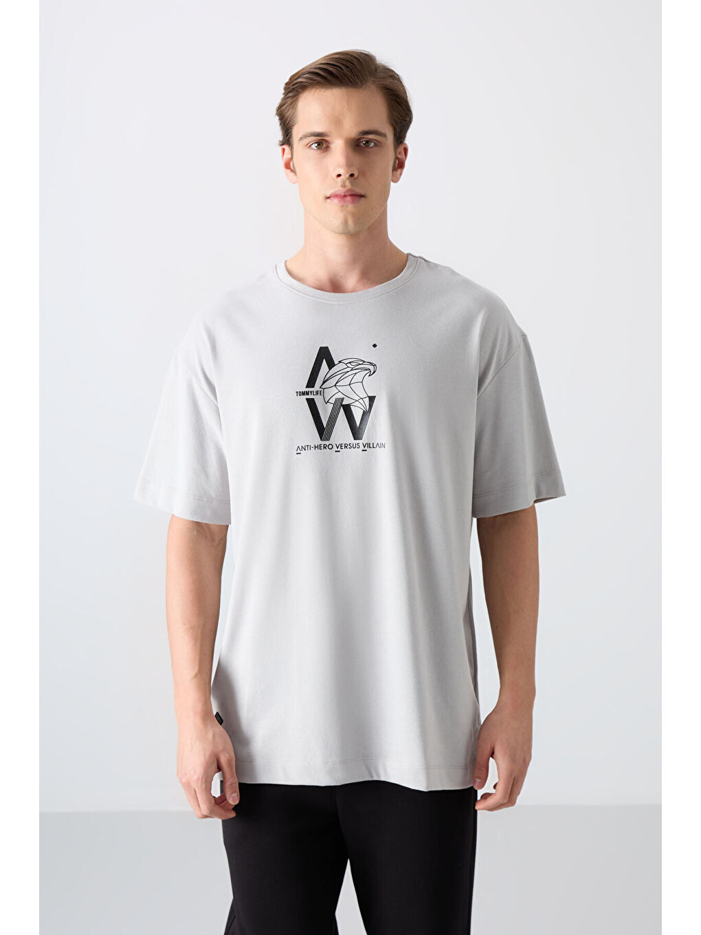 Bej Taş Pamuklu Kalın Yumuşak Dokulu Oversize Fit Baskılı Erkek Tişört - 88332-3