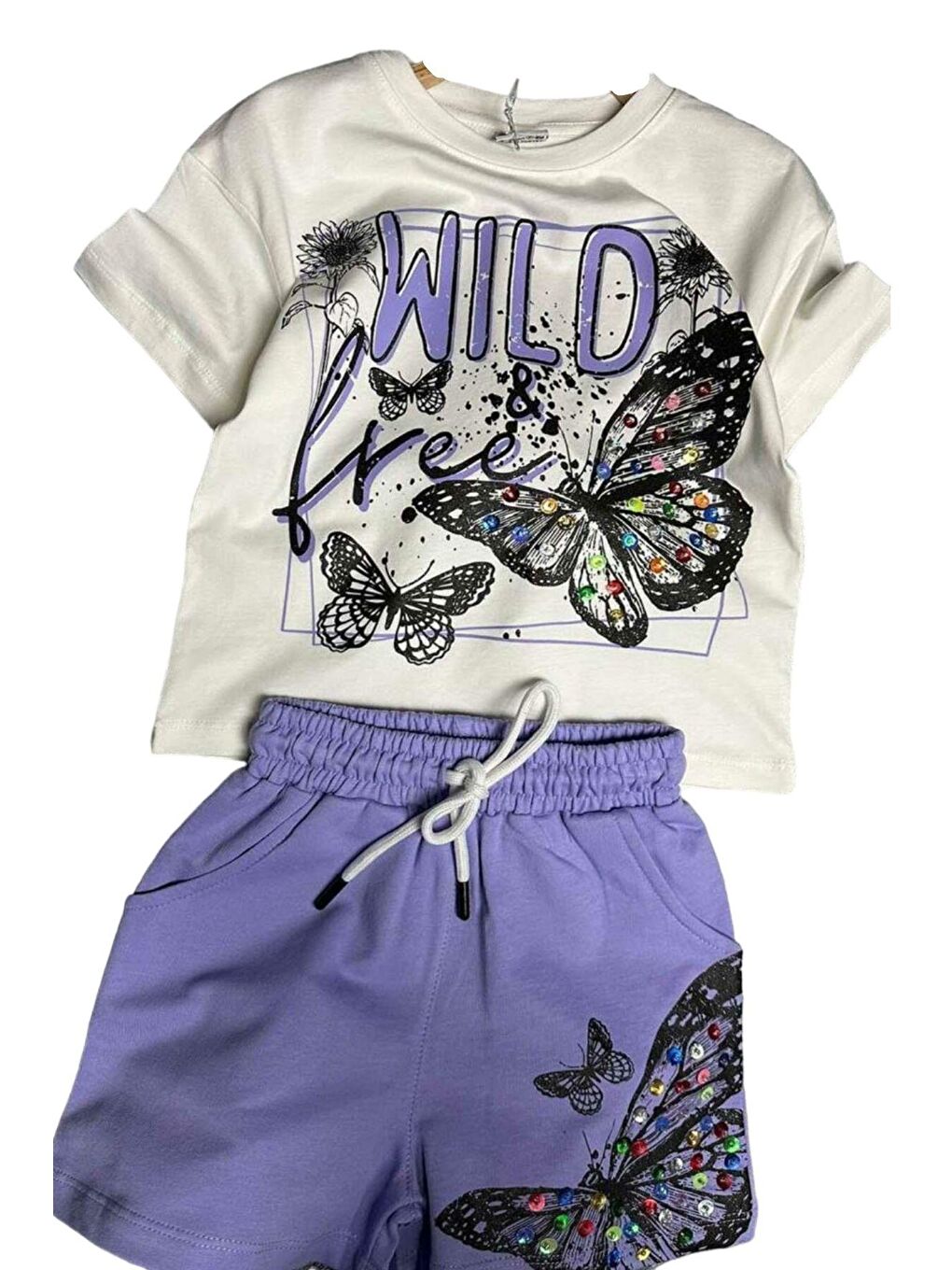 Kız Çocuk Kelebek ve Yazı Baskılı Penye Mor Şortlu Takım