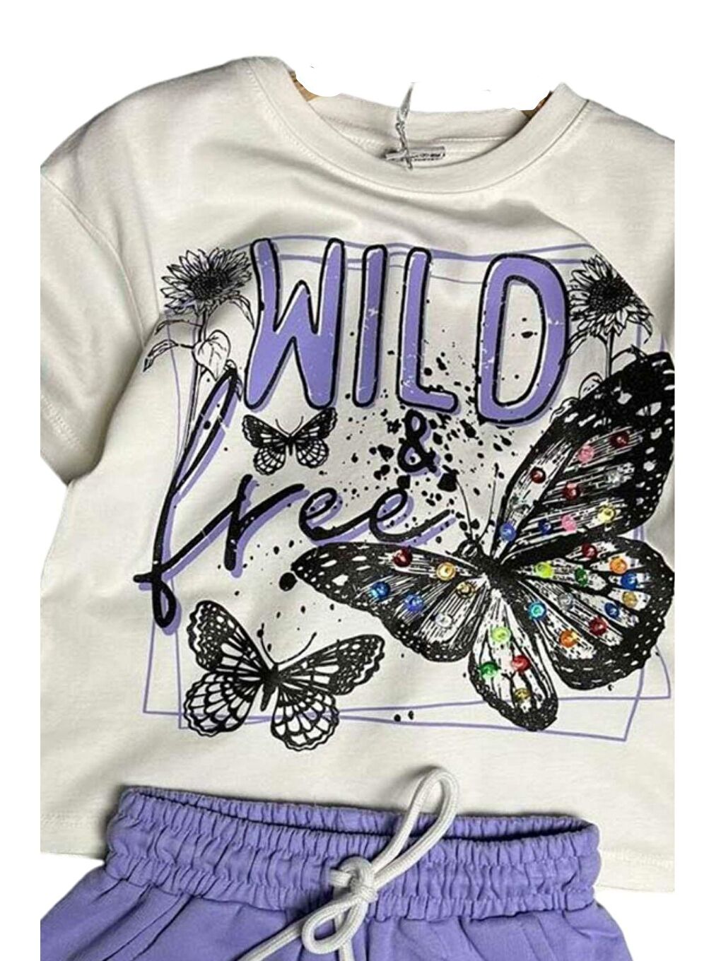 Kız Çocuk Kelebek ve Yazı Baskılı Penye Mor Şortlu Takım-1