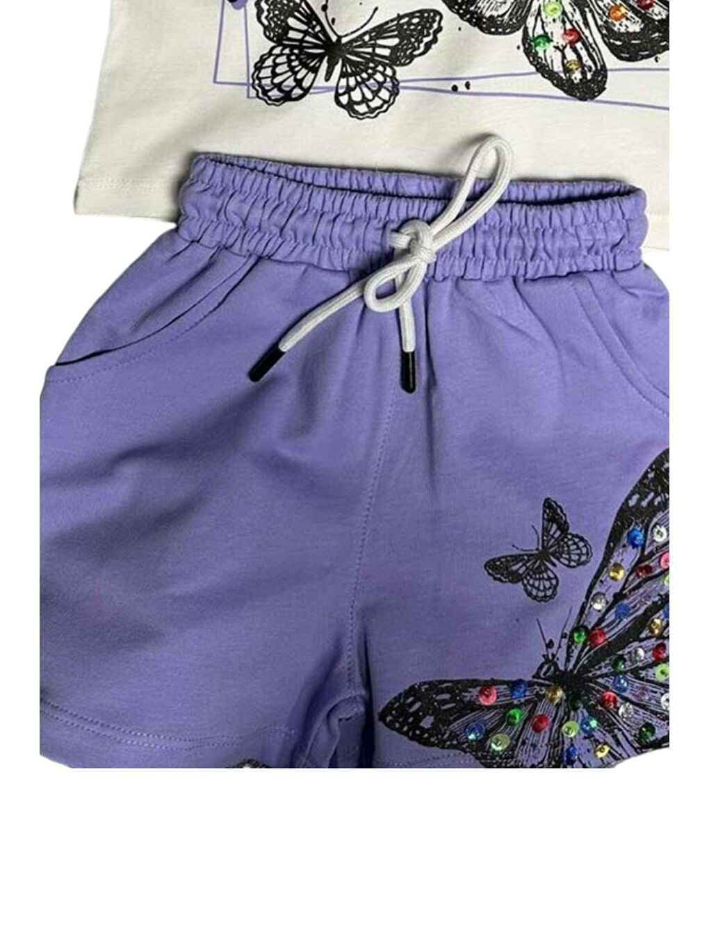 Kız Çocuk Kelebek ve Yazı Baskılı Penye Mor Şortlu Takım-2