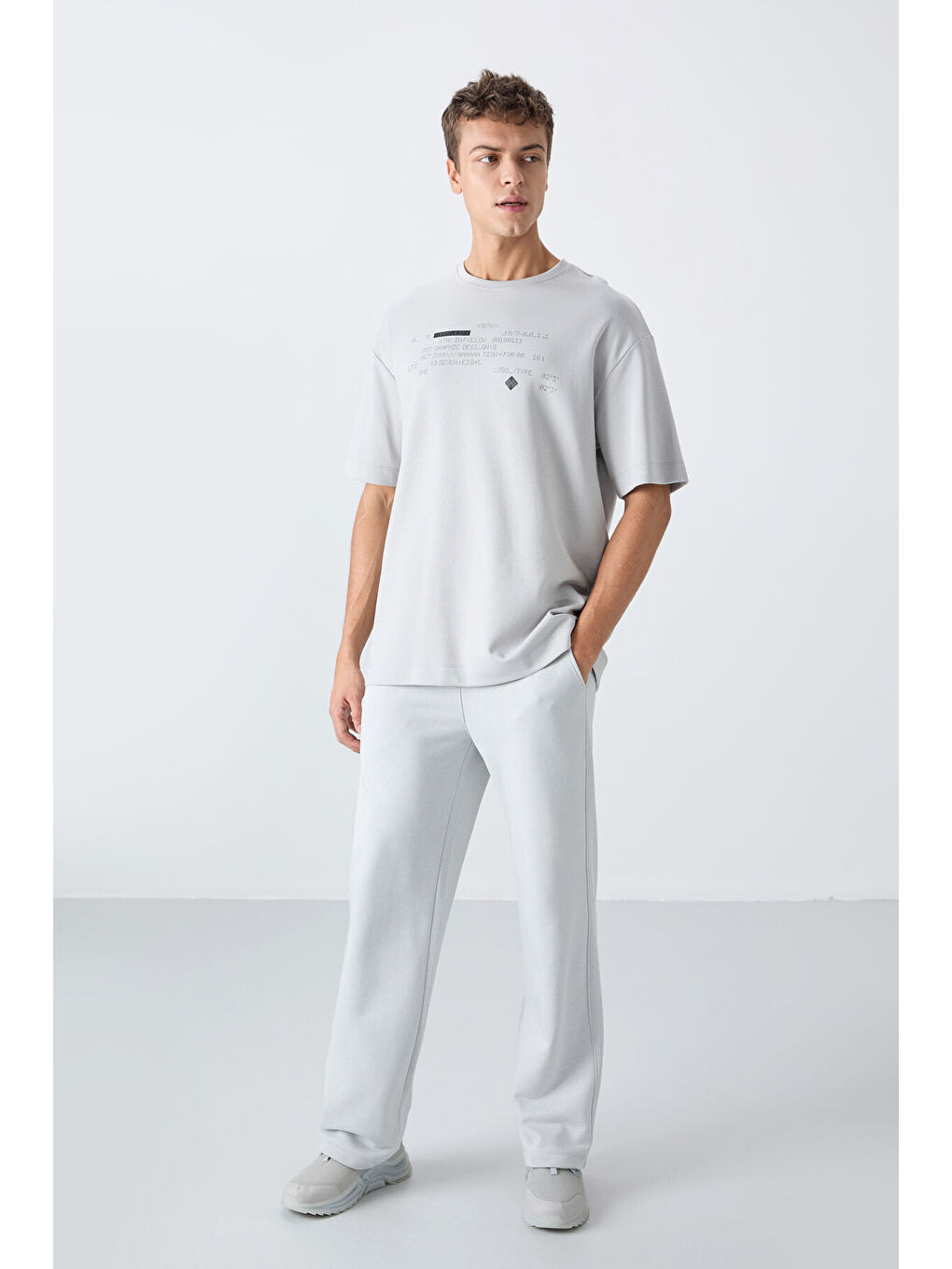 Bej Taş Pamuklu Kalın Yumuşak Dokulu Oversize Fit Baskılı Erkek Tişört - 88326-1