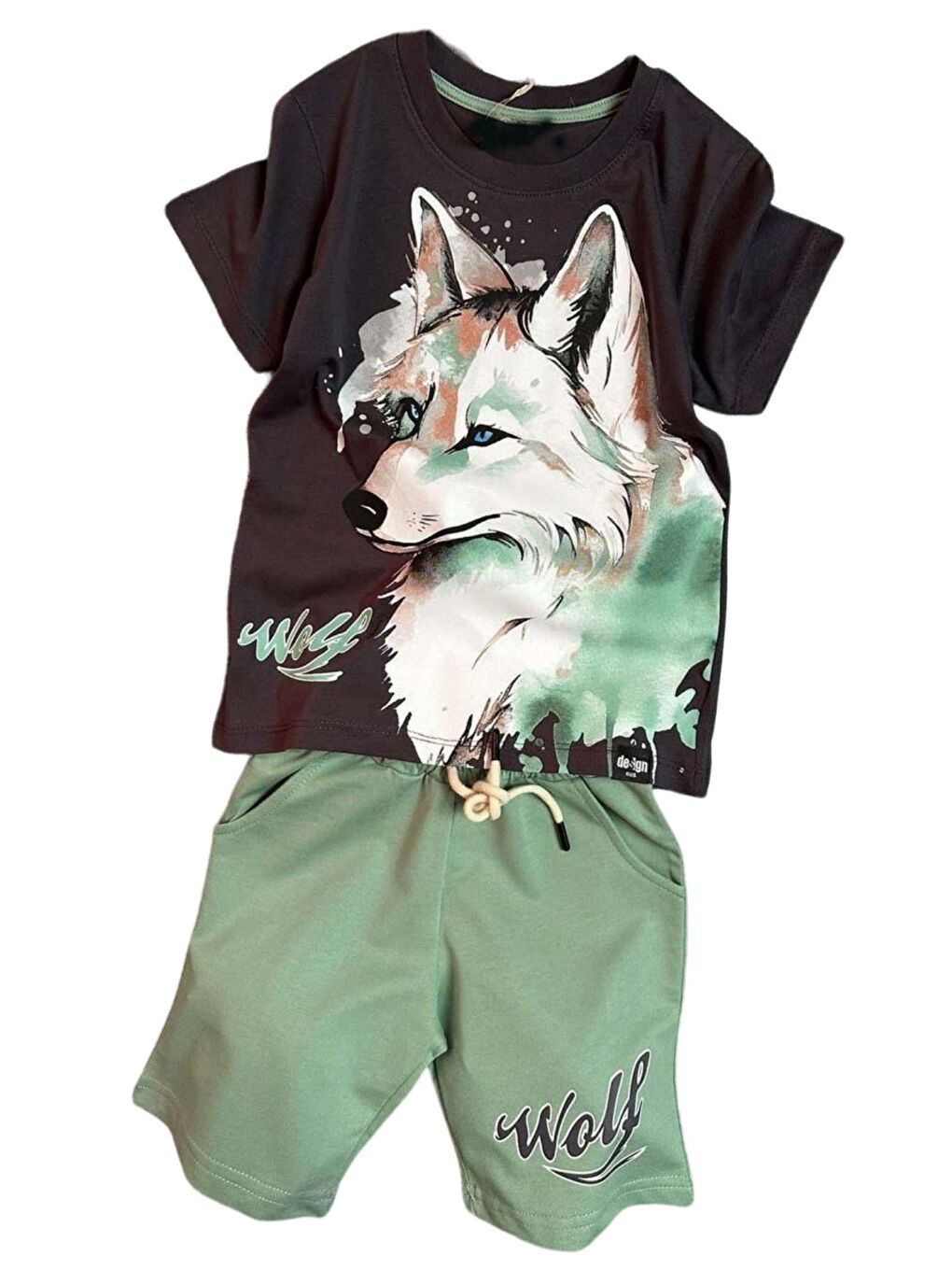 Erkek Çocuk Wolf Yazı ve Digital Baskılı Cepli Yeşil Şortlu Takım