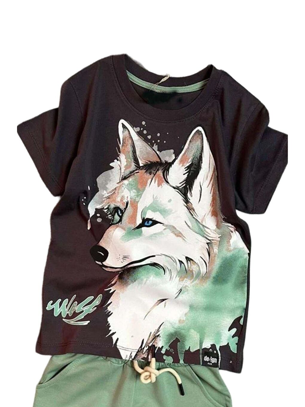 Erkek Çocuk Wolf Yazı ve Digital Baskılı Cepli Yeşil Şortlu Takım-1
