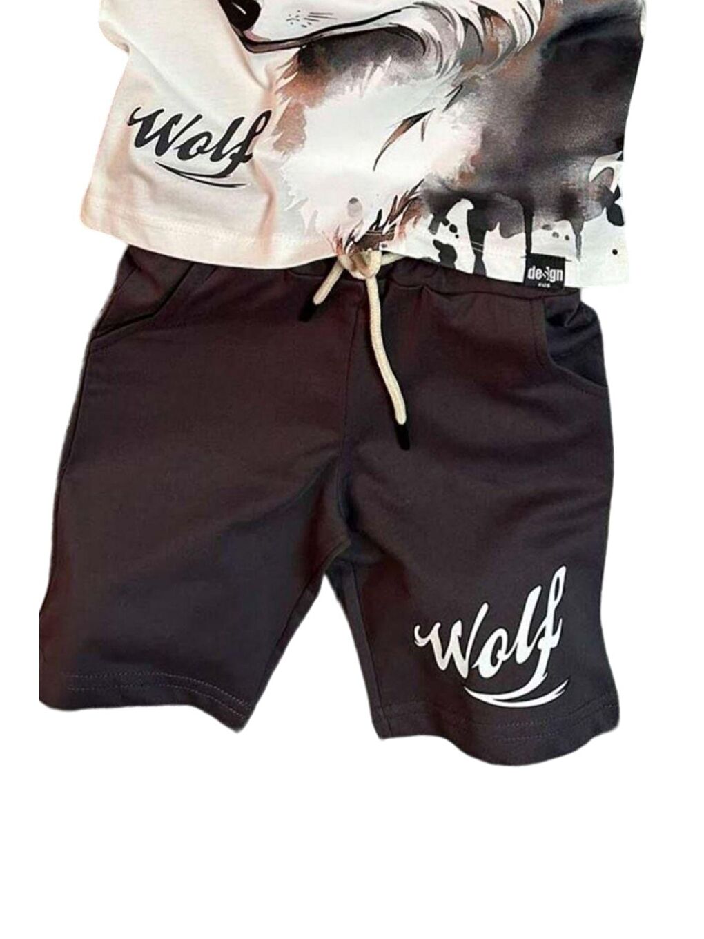 Erkek Çocuk Wolf Yazı ve Digital Baskılı Cepli Siyah Şortlu Takım-2