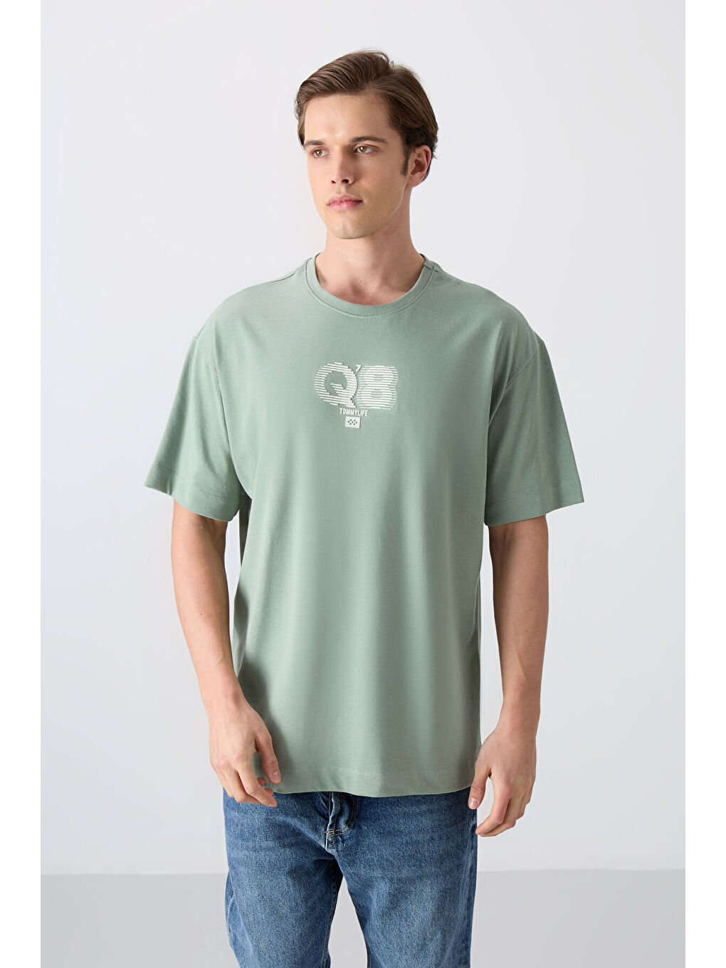 Açık Yeşil Pamuklu Kalın Yumuşak Dokulu Oversize Fit Baskılı Erkek Tişört - 88333