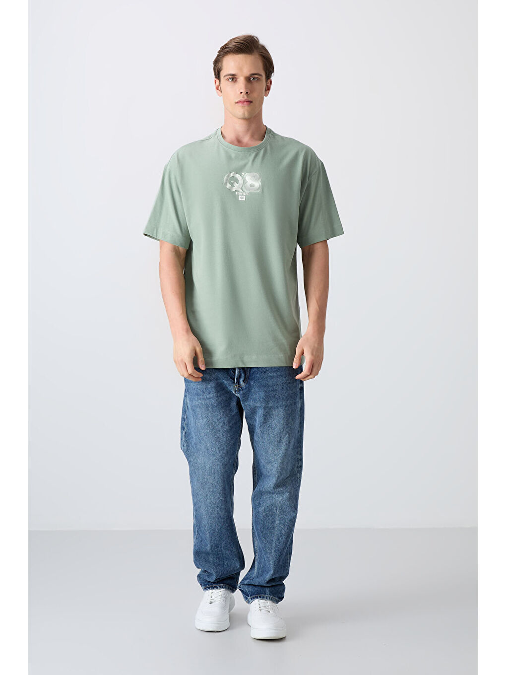 Açık Yeşil Pamuklu Kalın Yumuşak Dokulu Oversize Fit Baskılı Erkek Tişört - 88333-1