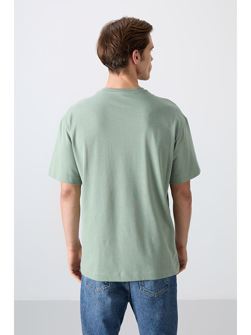 Açık Yeşil Pamuklu Kalın Yumuşak Dokulu Oversize Fit Baskılı Erkek Tişört - 88333-4