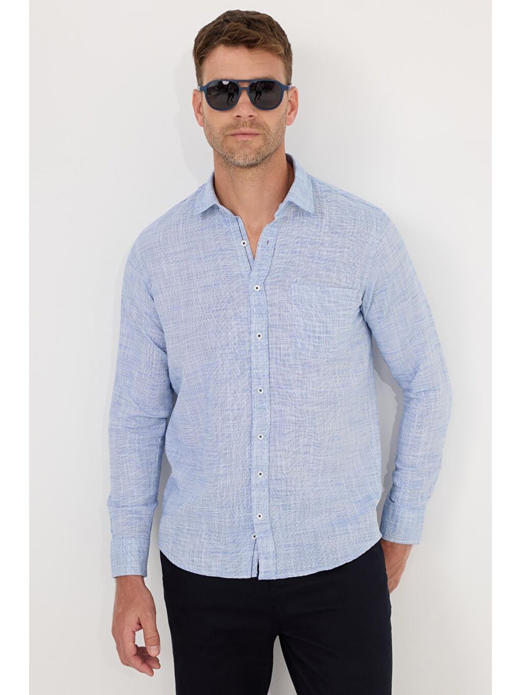 Lacivert Erkek Regular Fit Klasik Kesim Oversize %100 Pamuk Keten Doku Gömlek