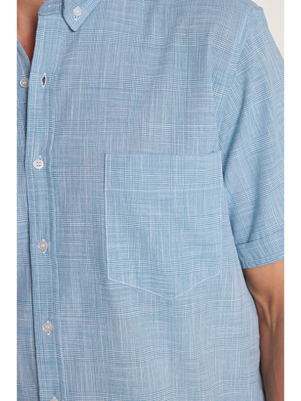 Erkek Regular Fit Klasik Kesim Oversize %100 Pamuk Keten Doku Kareli Düğmeli Yaka Yeşil Gömlek-2
