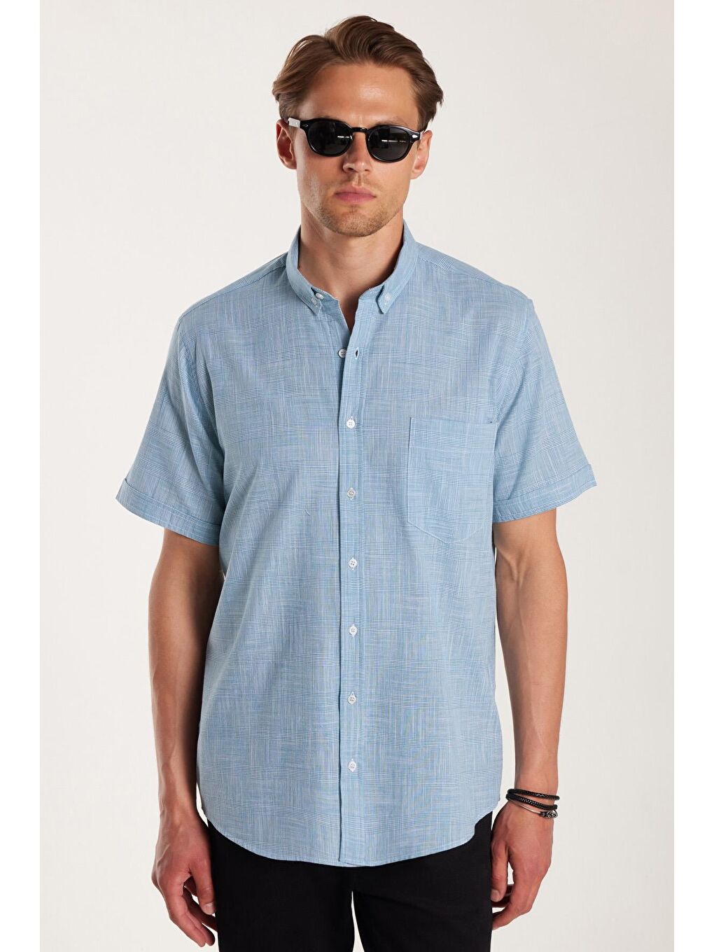 Erkek Regular Fit Klasik Kesim Oversize %100 Pamuk Keten Doku Kareli Düğmeli Yaka Yeşil Gömlek-3
