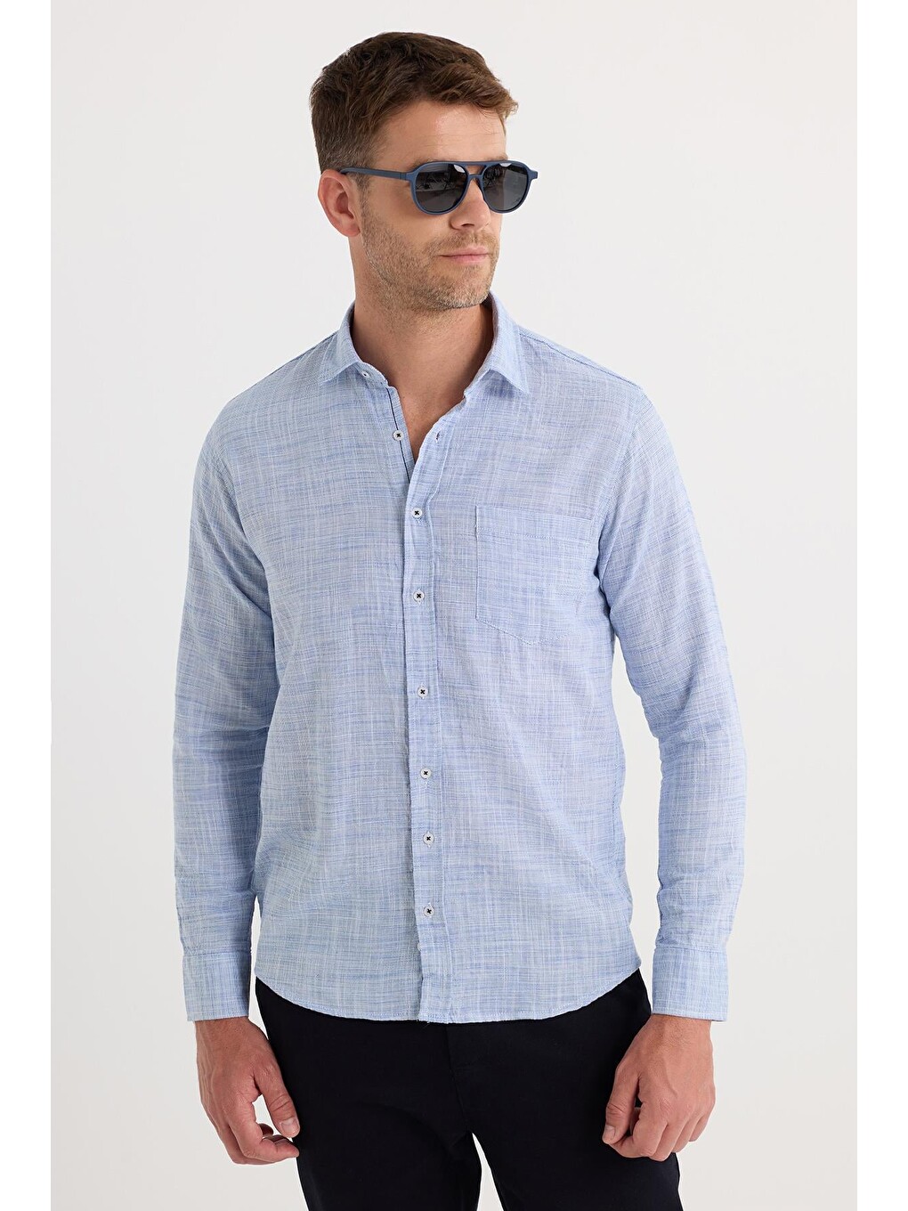 Lacivert Erkek Regular Fit Klasik Kesim Oversize %100 Pamuk Keten Doku Gömlek-4