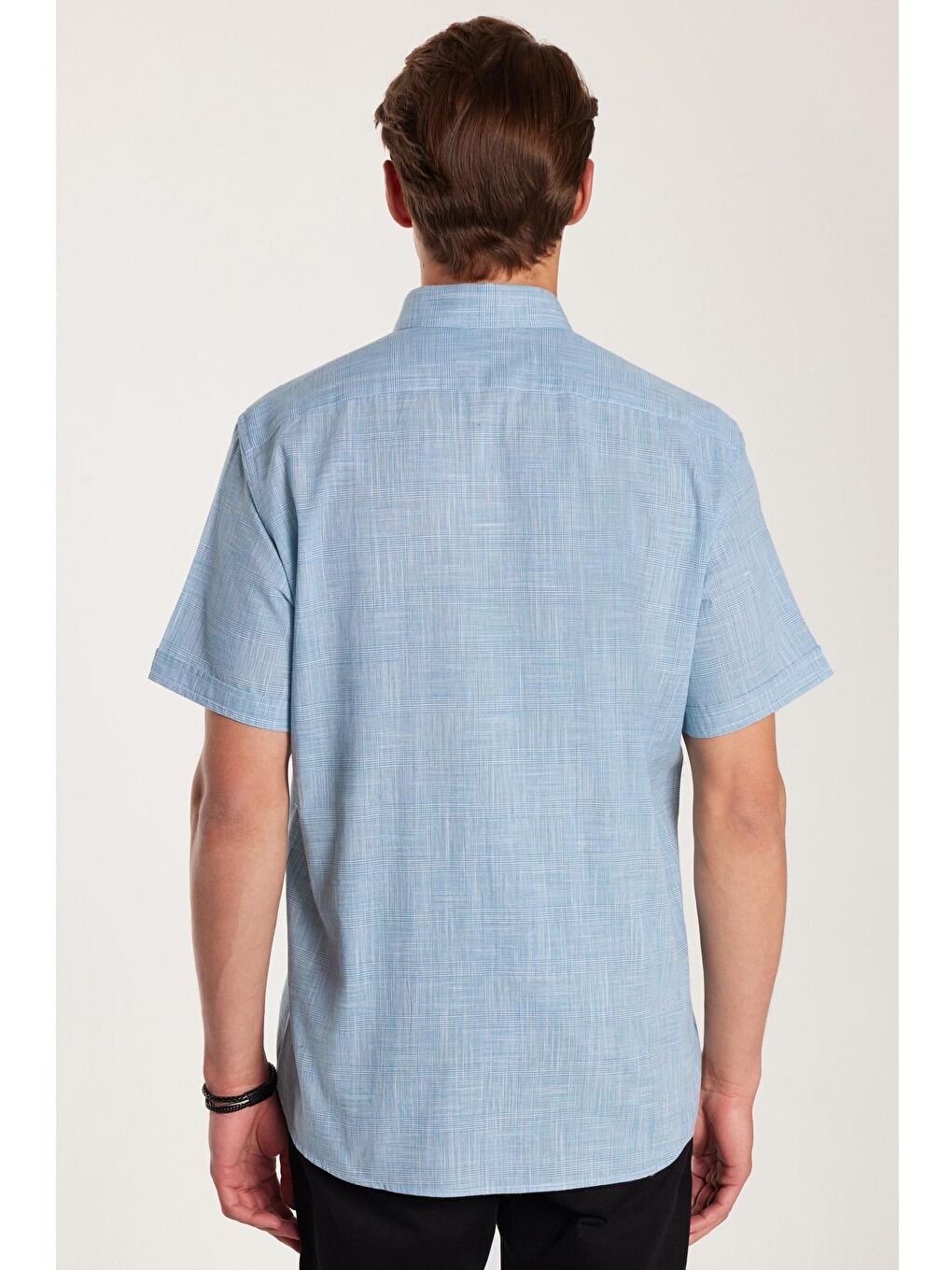 Erkek Regular Fit Klasik Kesim Oversize %100 Pamuk Keten Doku Kareli Düğmeli Yaka Yeşil Gömlek-4