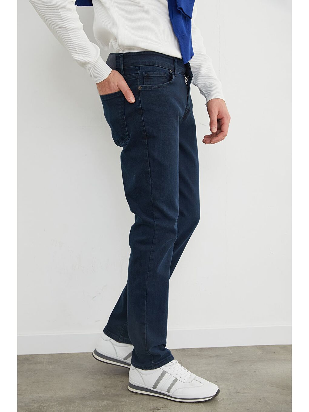 Lacivert Fermuarlı Straight Jean Pantolon-4