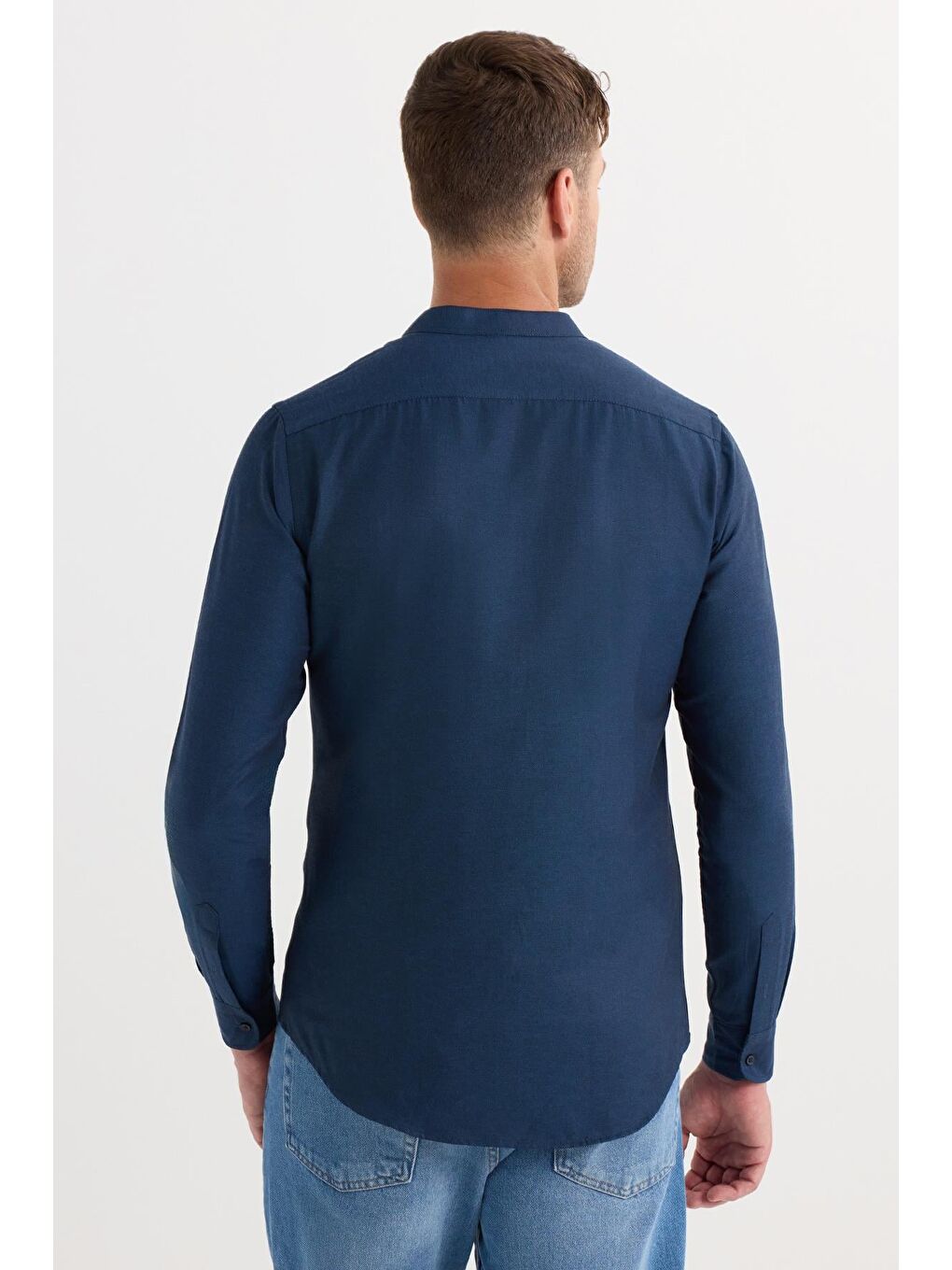 Erkek Slim Fit Dar Kesim Pamuklu Kolay Ütü Lacivert Hakim Yaka Gömlek-6