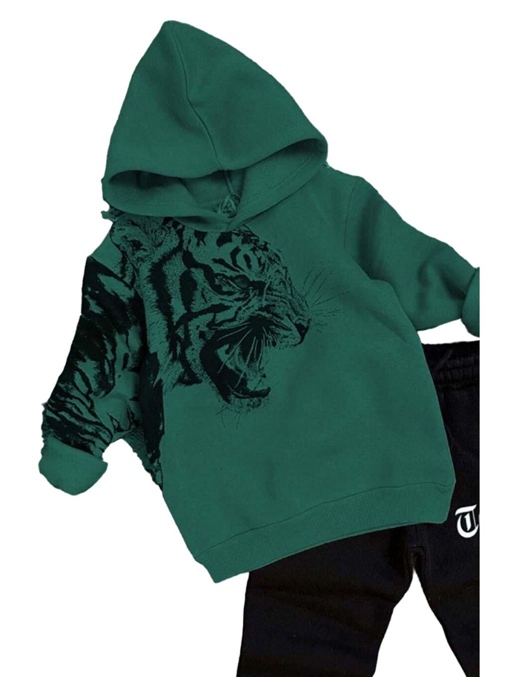 Erkek Çocuk Kaplan Baskılı Kapüşonlu İçi Polarlı 3 İplik Yeşil Eşofman Takım