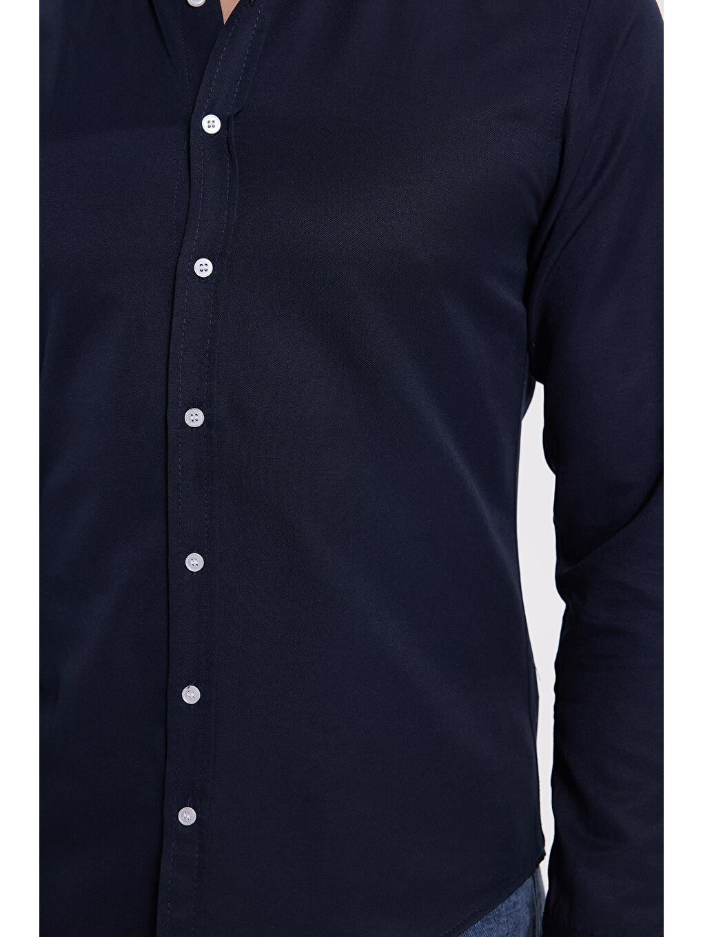 Lacivert Slim Fit Uzun Kollu Düğmeli Yaka Pamuklu Kolay Ütü Düz Erkek Gömlek-3