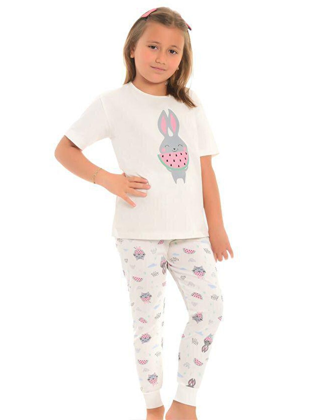 Ekru Pamuklu Kısa Kollu Desenli Paça Bantlı Kız Çocuk Pijama Takım