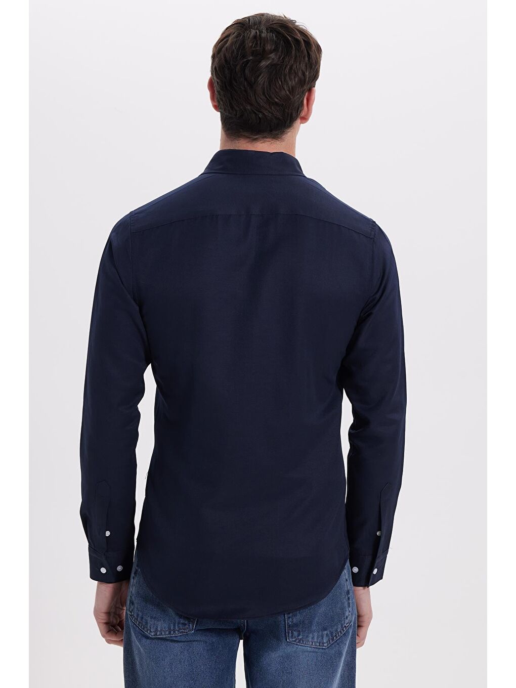Lacivert Slim Fit Uzun Kollu Düğmeli Yaka Pamuklu Kolay Ütü Düz Erkek Gömlek-5