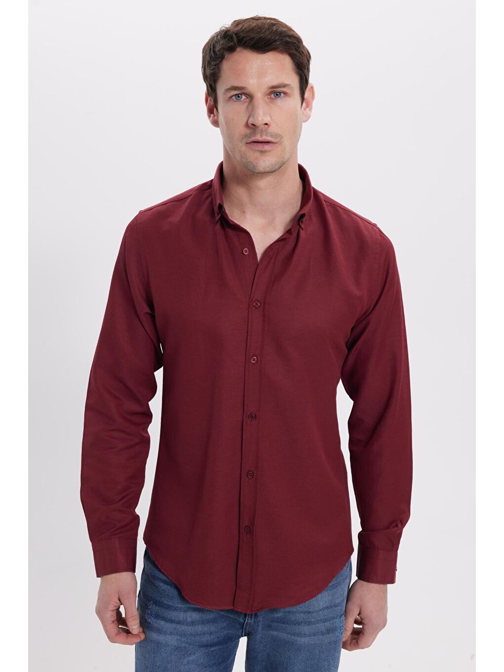 Bordo Slim Fit Uzun Kollu Düğmeli Yaka Pamuklu Kolay Ütü Düz Erkek Gömlek-1