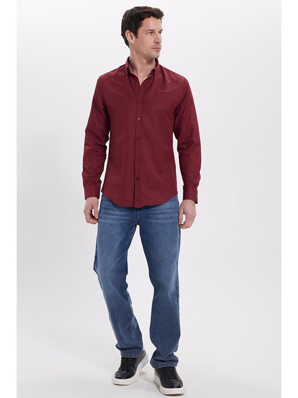 Bordo Slim Fit Uzun Kollu Düğmeli Yaka Pamuklu Kolay Ütü Düz Erkek Gömlek-2