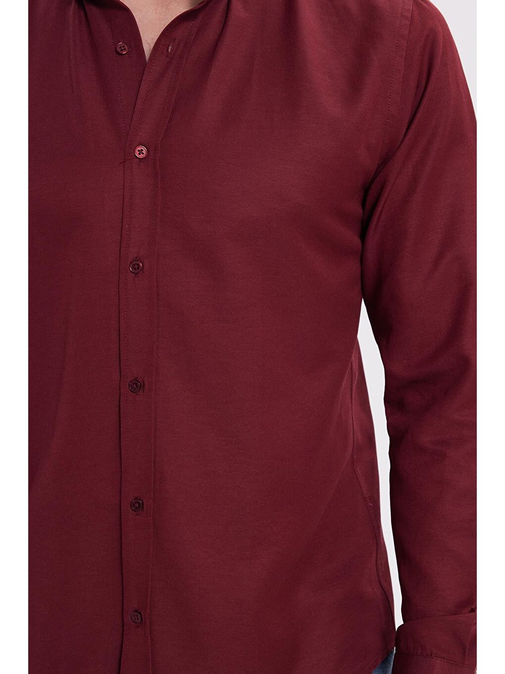 Bordo Slim Fit Uzun Kollu Düğmeli Yaka Pamuklu Kolay Ütü Düz Erkek Gömlek-3