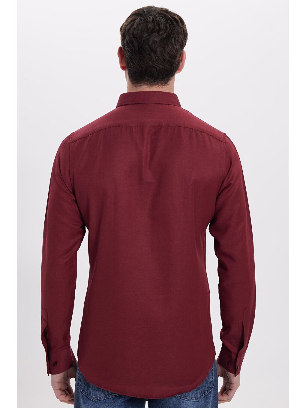 Bordo Slim Fit Uzun Kollu Düğmeli Yaka Pamuklu Kolay Ütü Düz Erkek Gömlek-5