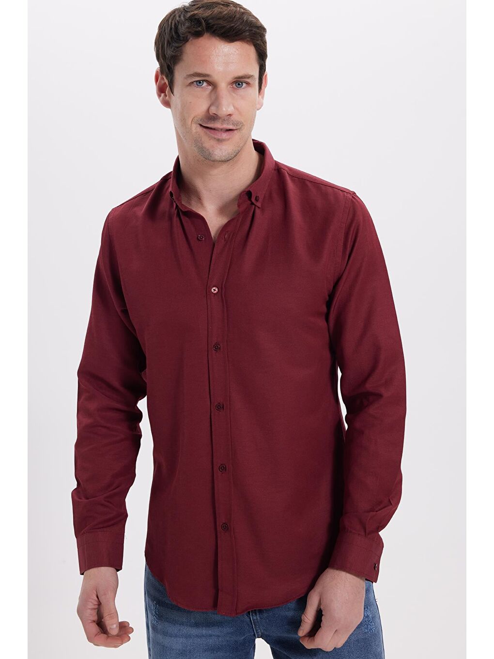 Bordo Slim Fit Uzun Kollu Düğmeli Yaka Pamuklu Kolay Ütü Düz Erkek Gömlek-6
