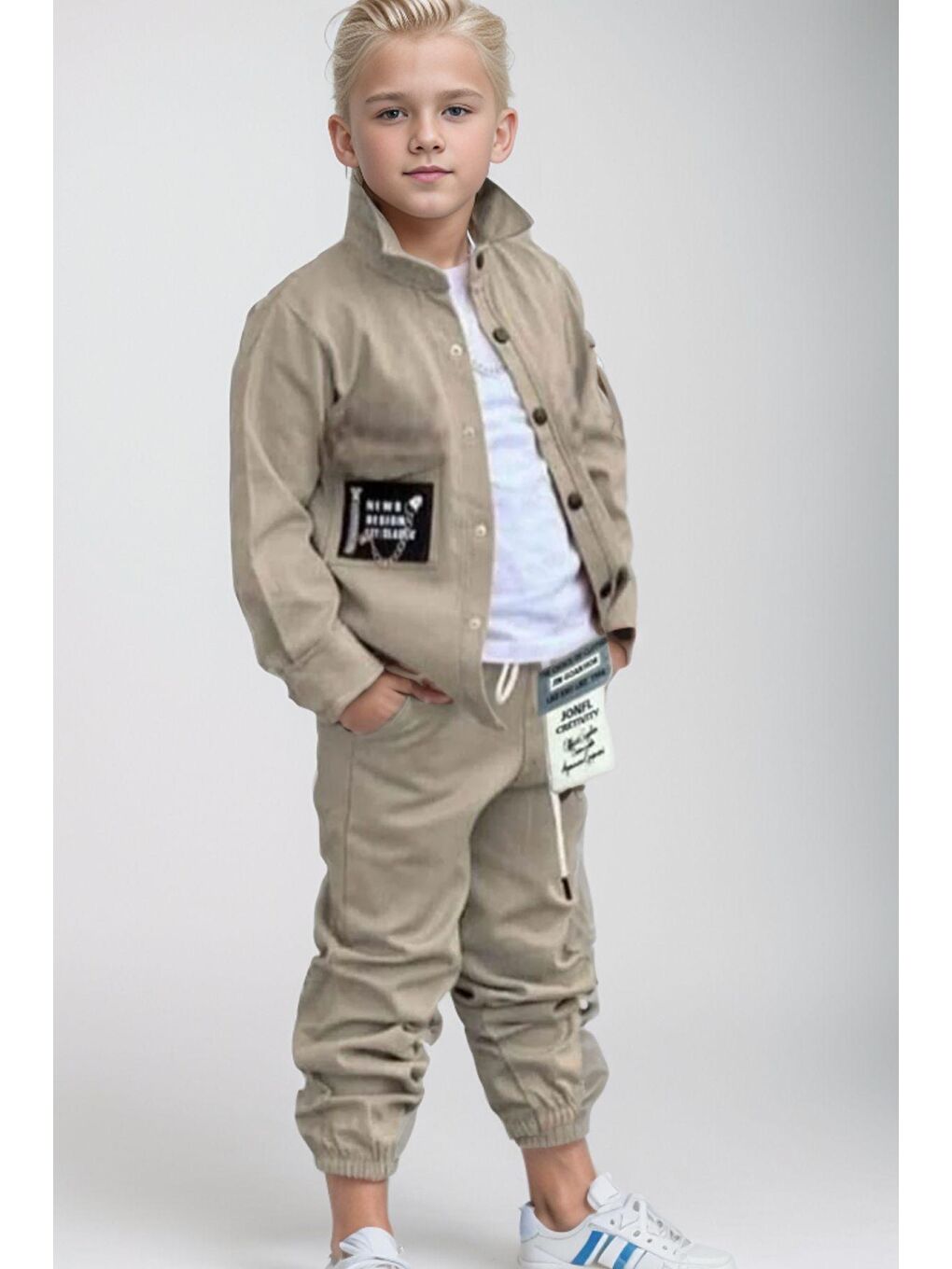 Erkek Çocuk Cıtcıt Düğme Detaylı Gömlek Yaka Ceket Penye Tişört Ekru Eşofman Takım-2