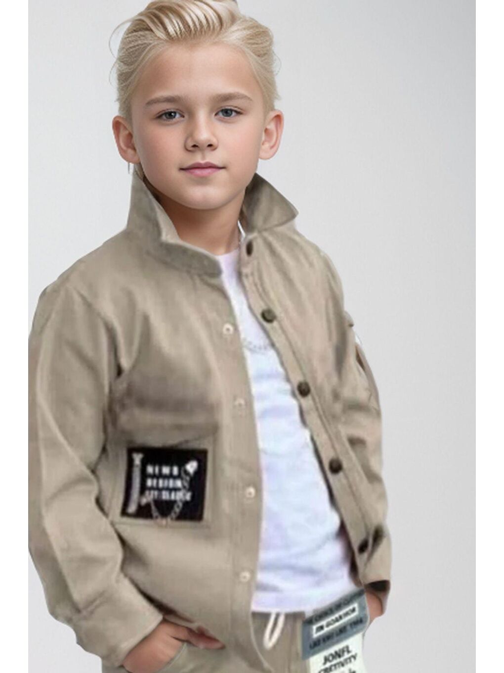 Erkek Çocuk Cıtcıt Düğme Detaylı Gömlek Yaka Ceket Penye Tişört Ekru Eşofman Takım-3